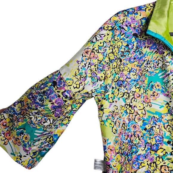 Green Floral Blazer with Lime Trim and Open Front - Picture 3 of 7